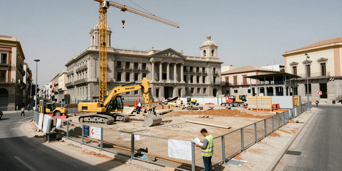 Obra urbana paralizada frente al ayuntamiento de València con grúas, excavadora y operario revisando planos