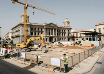Obra urbana paralizada frente al ayuntamiento de València con grúas, excavadora y operario revisando planos