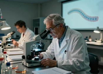 Científico anciano con bata blanca examina gusanos C. elegans bajo microscopio óptico en laboratorio universitario