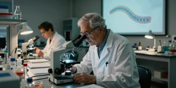 Científico anciano con bata blanca examina gusanos C. elegans bajo microscopio óptico en laboratorio universitario