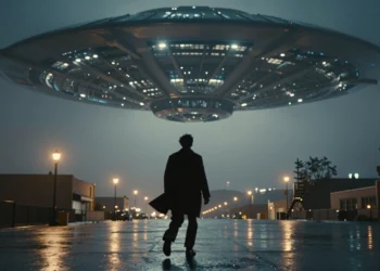 Figura solitaria bajo una enorme estructura extraterrestre que ilumina con luz azul una plaza urbana nocturna y lluviosa