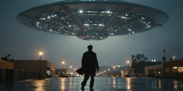Figura solitaria bajo una enorme estructura extraterrestre que ilumina con luz azul una plaza urbana nocturna y lluviosa