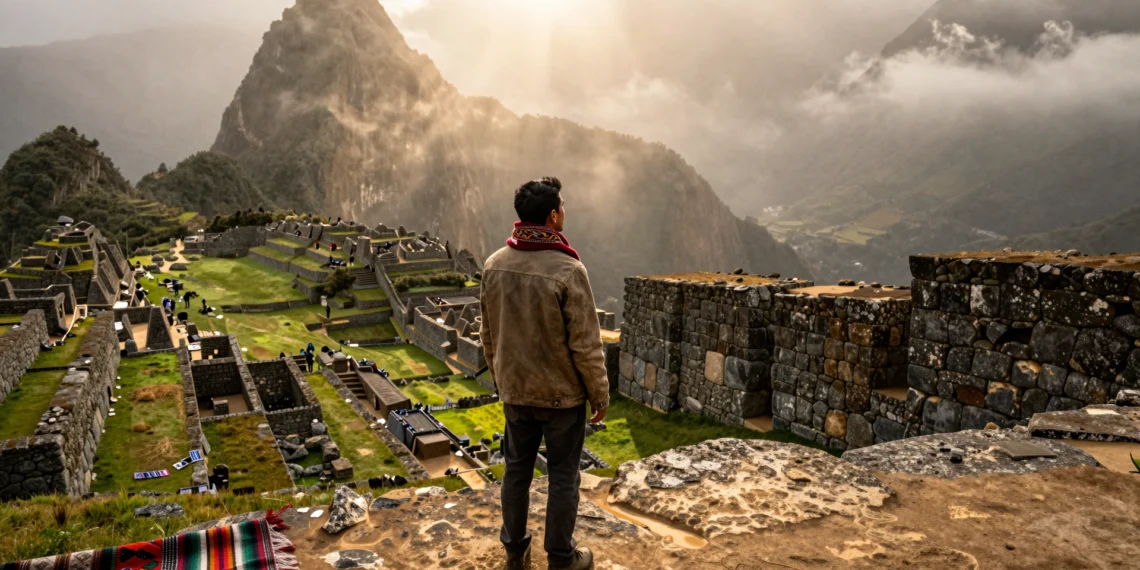 Viajero contemplando un valle neblinoso desde una terraza de piedra inca en los Andes peruanos al atardecer