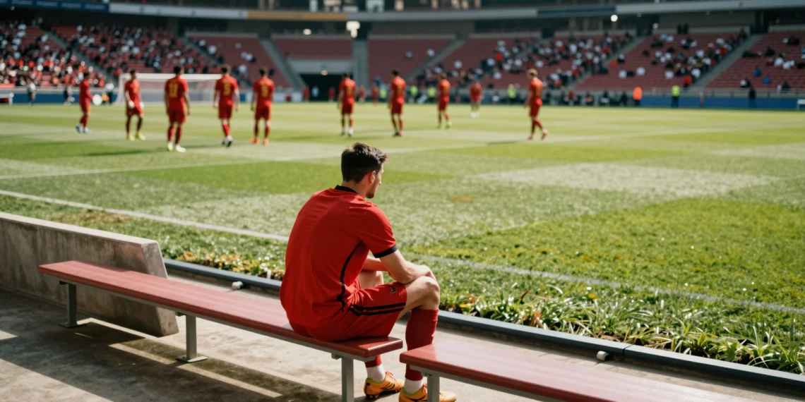 Eric García sentado en el banquillo del estadio observando el entrenamiento de España en el Mundial con actitud serena