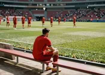 Eric García sentado en el banquillo del estadio observando el entrenamiento de España en el Mundial con actitud serena