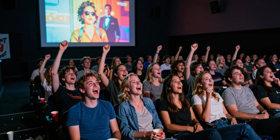 Público entusiasta en un cine indie reaccionando con carcajadas a una película de serie B durante un evento de CutreCon