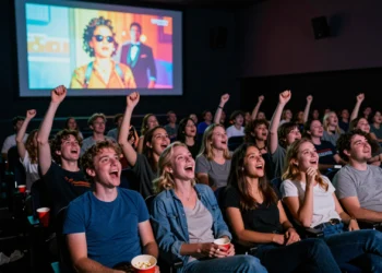 Público entusiasta en un cine indie reaccionando con carcajadas a una película de serie B durante un evento de CutreCon