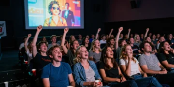 Público entusiasta en un cine indie reaccionando con carcajadas a una película de serie B durante un evento de CutreCon