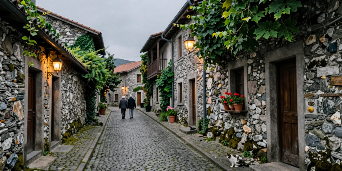 Calle empedrada medieval de Allariz con muros de granito, musgo y una pareja de ancianos paseando bajo luz atlántica