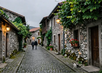 Calle empedrada medieval de Allariz con muros de granito, musgo y una pareja de ancianos paseando bajo luz atlántica
