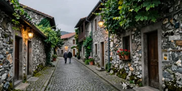 Calle empedrada medieval de Allariz con muros de granito, musgo y una pareja de ancianos paseando bajo luz atlántica