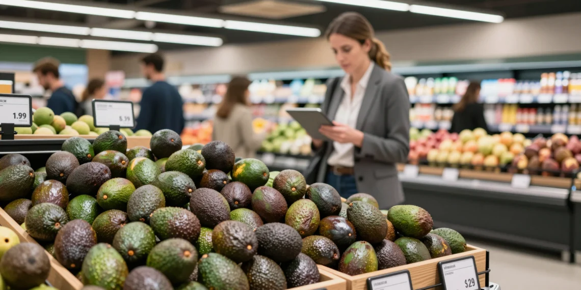 Aguacates maduros en estantería de supermercado europeo mientras gerente revisa datos en tablet