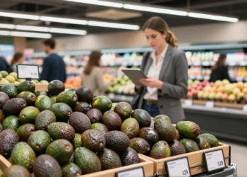 Aguacates maduros en estantería de supermercado europeo mientras gerente revisa datos en tablet
