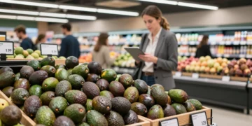 Aguacates maduros en estantería de supermercado europeo mientras gerente revisa datos en tablet