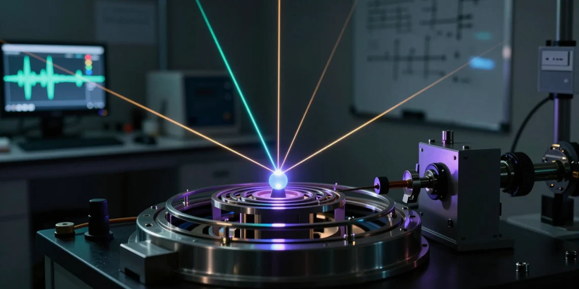 Ion de estroncio suspendido en trampa electromagnética en laboratorio de física cuántica de Oxford, iluminado con láseres
