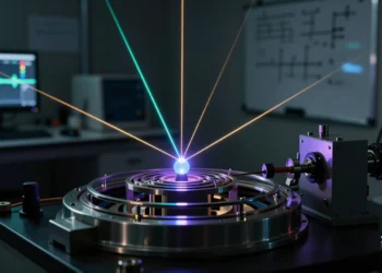 Ion de estroncio suspendido en trampa electromagnética en laboratorio de física cuántica de Oxford, iluminado con láseres