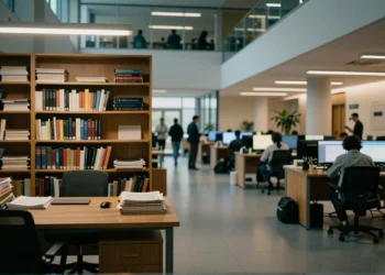 Oficina universitaria abandonada frente a moderno campus de Silicon Valley, simbolizando la fuga de economistas de IA