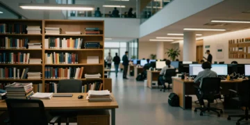 Oficina universitaria abandonada frente a moderno campus de Silicon Valley, simbolizando la fuga de economistas de IA