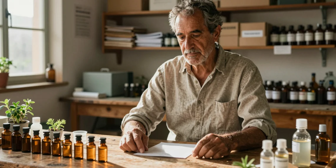 Pedro Peleato en su laboratorio agrícola en Valencia con viales biológicos y muestras vegetales sobre una mesa de madera