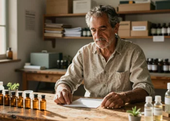Pedro Peleato en su laboratorio agrícola en Valencia con viales biológicos y muestras vegetales sobre una mesa de madera