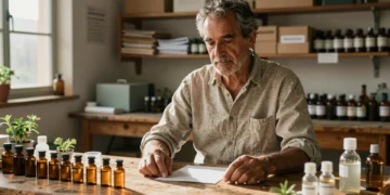 Pedro Peleato en su laboratorio agrícola en Valencia con viales biológicos y muestras vegetales sobre una mesa de madera