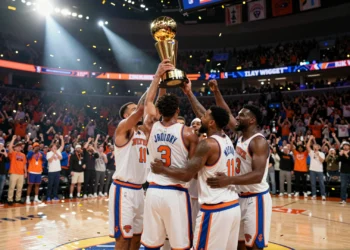 Jugadores de los New York Knicks celebran el campeonato NBA levantando el Trofeo Larry O'Brien entre lluvia de confeti dorado