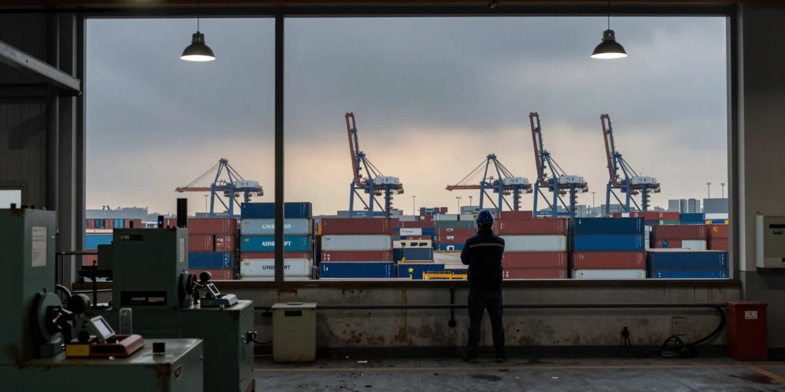 Trabajador en fábrica europea observa puerto de carga asiático, simbolizando la tensión comercial entre la UE y China