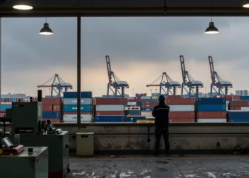 Trabajador en fábrica europea observa puerto de carga asiático, simbolizando la tensión comercial entre la UE y China