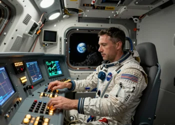 Astronauta Luca Parmitano con traje de vuelo NASA y parches ESA en el interior de la nave espacial Orión