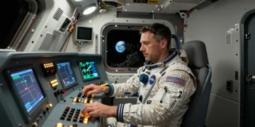 Astronauta Luca Parmitano con traje de vuelo NASA y parches ESA en el interior de la nave espacial Orión