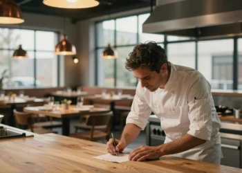 Chef Diego Guerrero concentrado sobre una nota en servilleta en su cocina de vanguardia antes del servicio