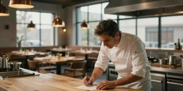 Chef Diego Guerrero concentrado sobre una nota en servilleta en su cocina de vanguardia antes del servicio
