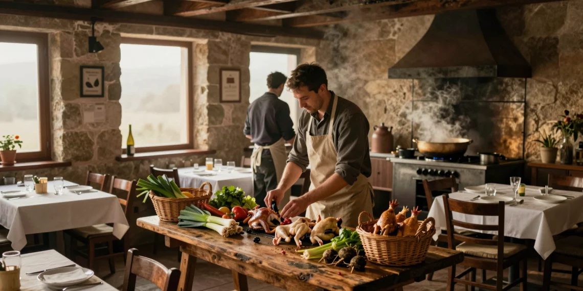 Dos chefs examinan verduras frescas y gallina vieja junto a un caldo humeante en un pequeño restaurante rústico de seis mesas