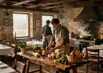 Dos chefs examinan verduras frescas y gallina vieja junto a un caldo humeante en un pequeño restaurante rústico de seis mesas