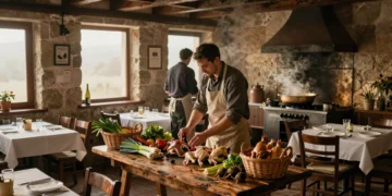 Dos chefs examinan verduras frescas y gallina vieja junto a un caldo humeante en un pequeño restaurante rústico de seis mesas