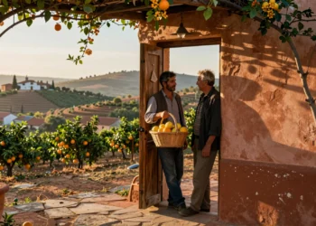 Dos hombres en la puerta de una masía en el Valle de Ricote con una cesta de naranjas y limones del huerto
