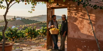 Dos hombres en la puerta de una masía en el Valle de Ricote con una cesta de naranjas y limones del huerto