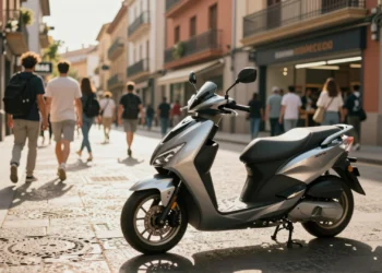 Scooter chino moderno aparcado en una calle urbana española con fachadas mediterráneas de terracota al fondo