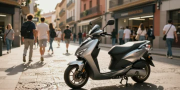Scooter chino moderno aparcado en una calle urbana española con fachadas mediterráneas de terracota al fondo