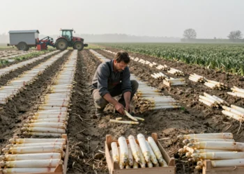 Agricultor inspeccionando espárragos blancos en un campo alemán durante la cosecha de primavera