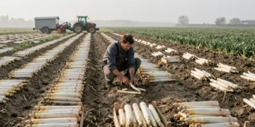 Agricultor inspeccionando espárragos blancos en un campo alemán durante la cosecha de primavera