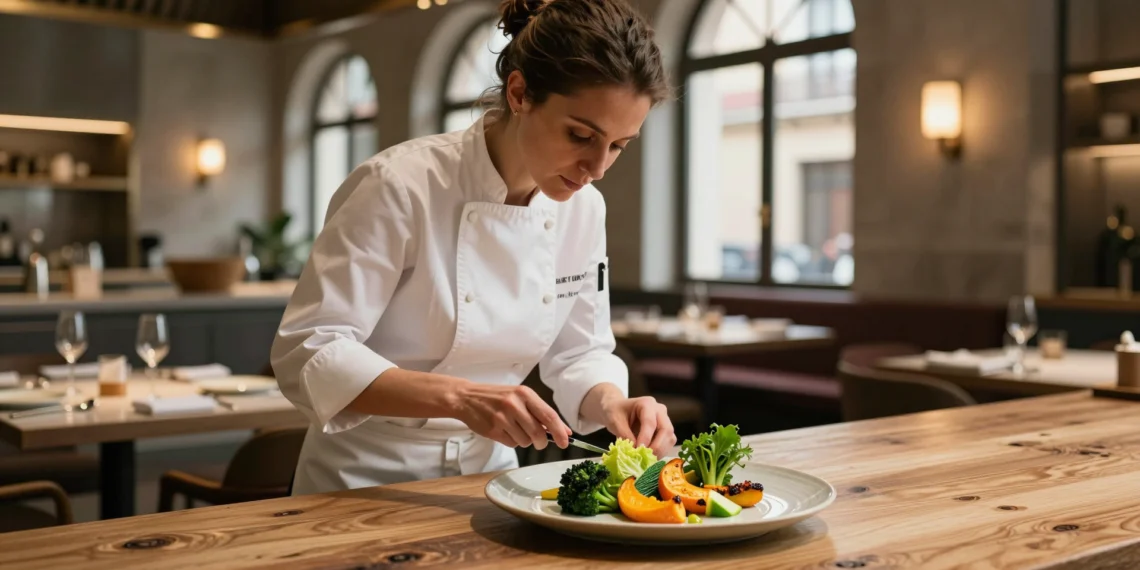 Chef Lucía Grávalos emplatando verduras de temporada en su restaurante de Madrid, con bimi, calabaza asada y lechuga