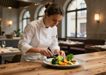 Chef Lucía Grávalos emplatando verduras de temporada en su restaurante de Madrid, con bimi, calabaza asada y lechuga