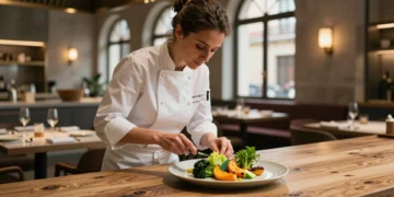 Chef Lucía Grávalos emplatando verduras de temporada en su restaurante de Madrid, con bimi, calabaza asada y lechuga
