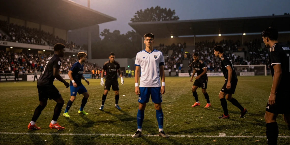 Jorge Sáenz, defensa del Sporting, de joven en un estadio de fútbol al atardecer con autoridad y compostura sobre el césped