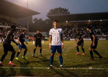 Jorge Sáenz, defensa del Sporting, de joven en un estadio de fútbol al atardecer con autoridad y compostura sobre el césped