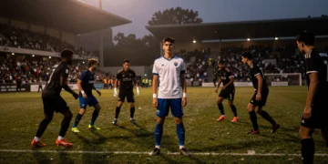 Jorge Sáenz, defensa del Sporting, de joven en un estadio de fútbol al atardecer con autoridad y compostura sobre el césped