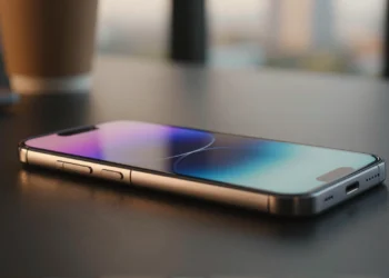 Motorola Edge 70 Fusion sobre superficie oscura con pantalla AMOLED encendida y panel trasero texturizado premium