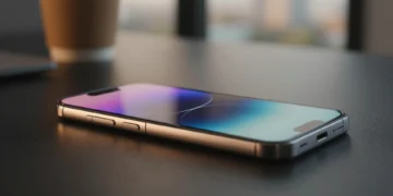 Motorola Edge 70 Fusion sobre superficie oscura con pantalla AMOLED encendida y panel trasero texturizado premium