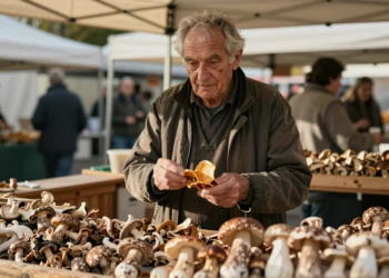 Emprendedor belga de 70 años con chips de shiitake en un puesto de setas en feria europea